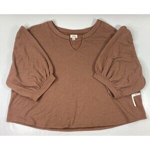 Ana A New Approach Womens Brown Balloon-Sleeve Cotton Blend Top Size 3X